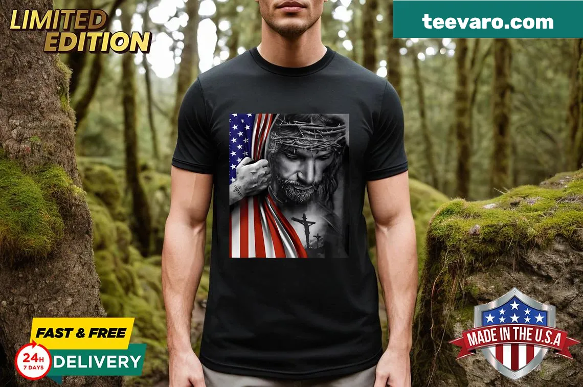 Christian faith t-shirt with American flag and Jesus illustration — on a men's t-shirt