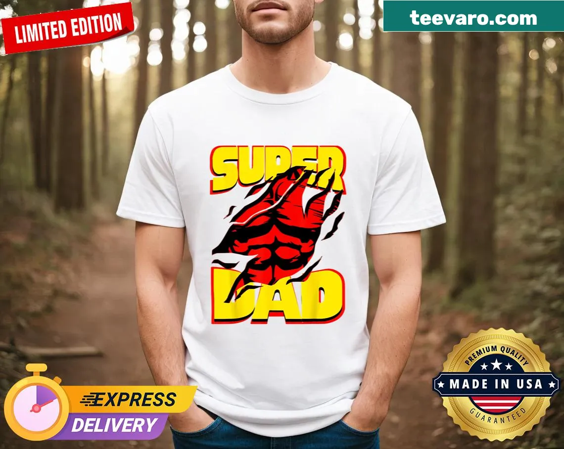 Funny Super Dad Hero graphic T-shirt for Father's Day — on a men's t-shirt