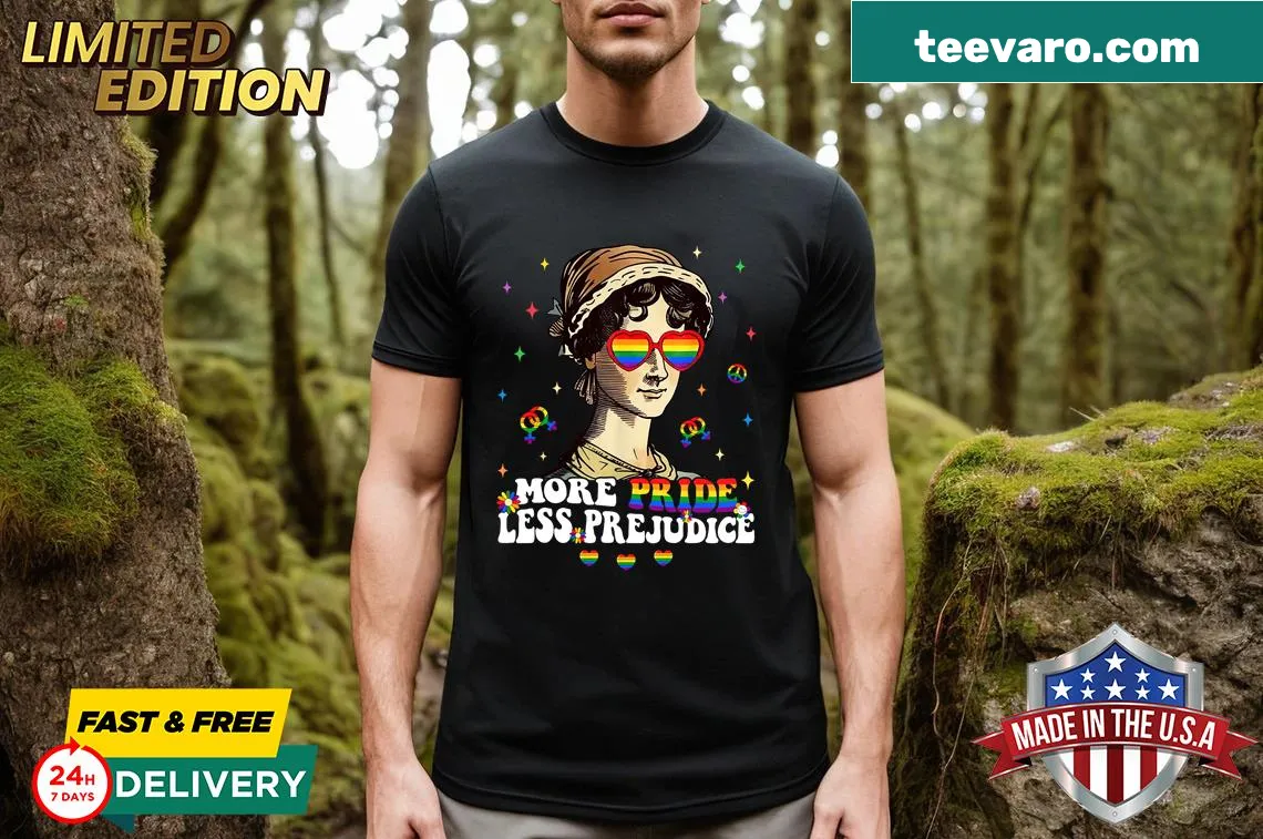 Typographic T-shirt for women with 'More Pride, Less Prejudice' message — on a men's t-shirt