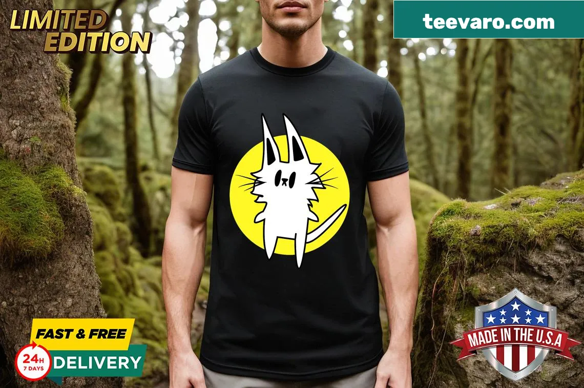 Whimsical cat teleportation graphic T-shirt for cat lovers — on a men's t-shirt