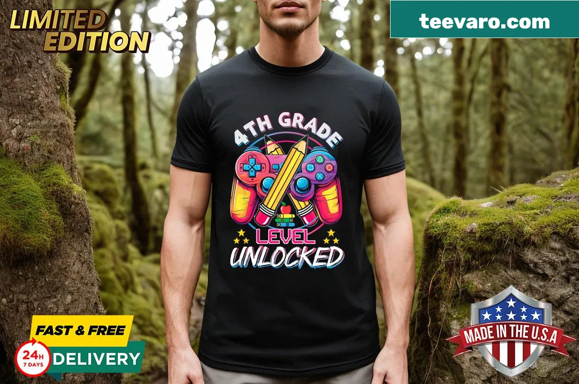 Video game style 'Level Unlocked' graphic on a T-shirt — on a men's t-shirt