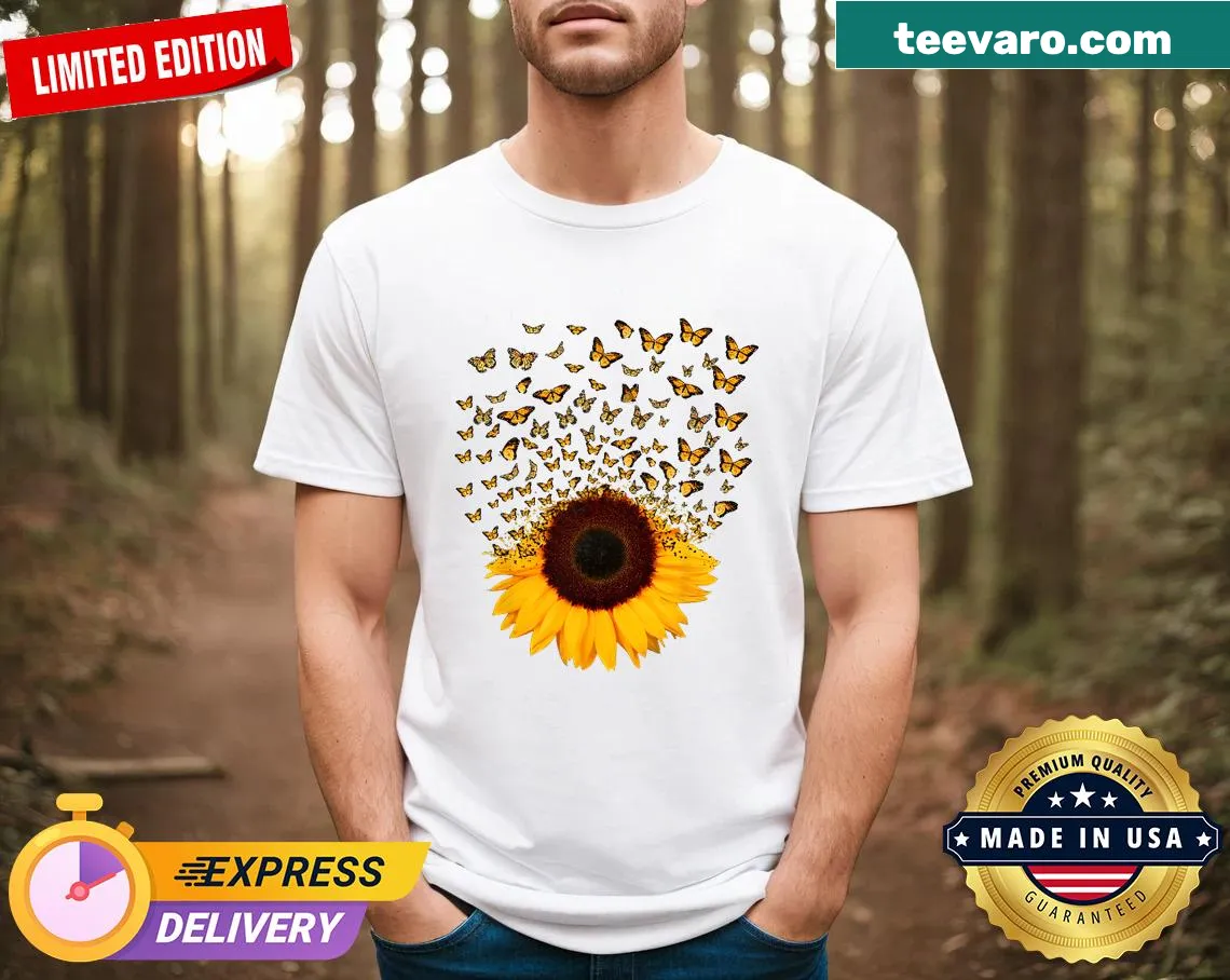 Graphic t-shirt with butterflies and sunflowers — on a men's t-shirt