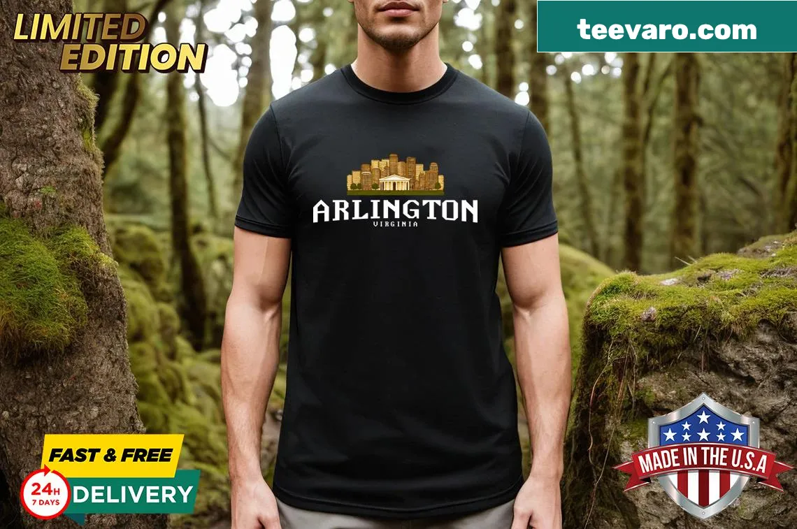 Artistic Arlington Virginia t-shirt featuring local landmarks — on a men's t-shirt