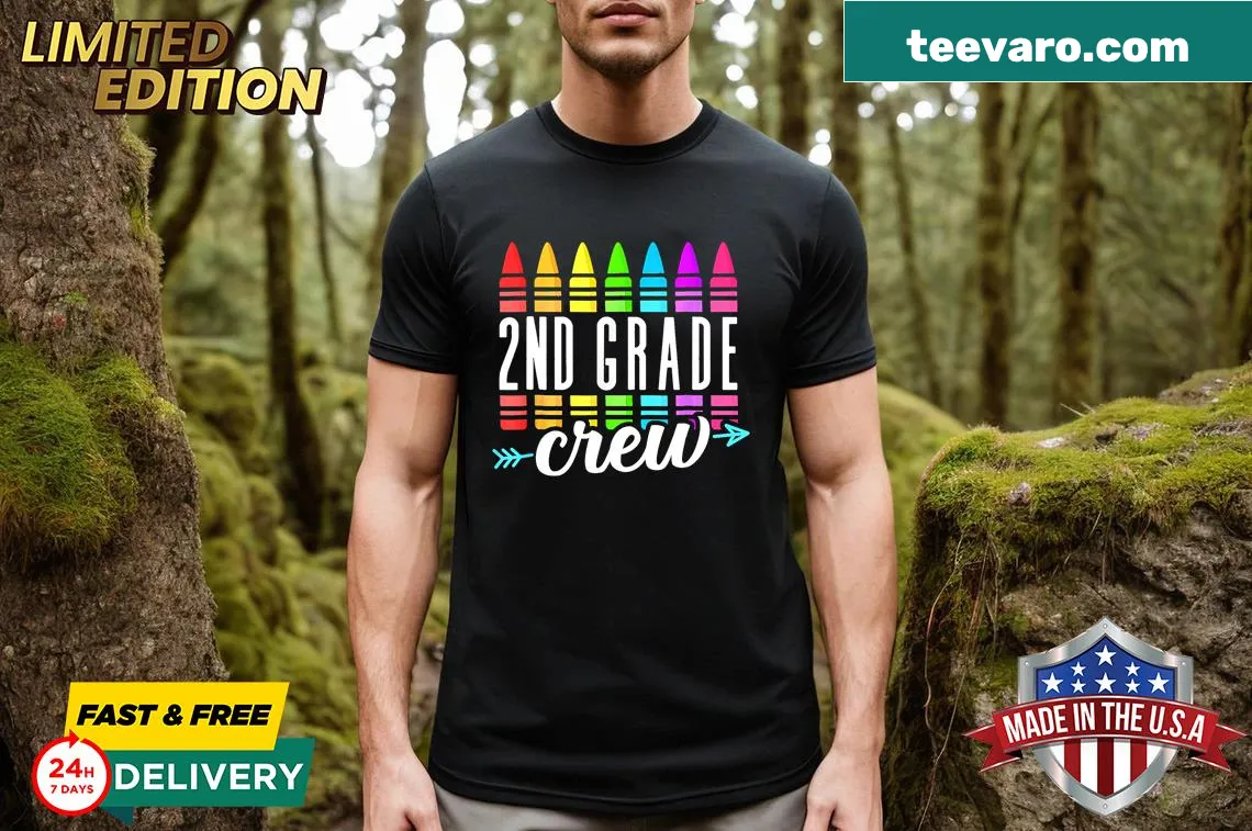 Illustrative T-shirt featuring '2nd Grade Crew' and crayons — on a men's t-shirt
