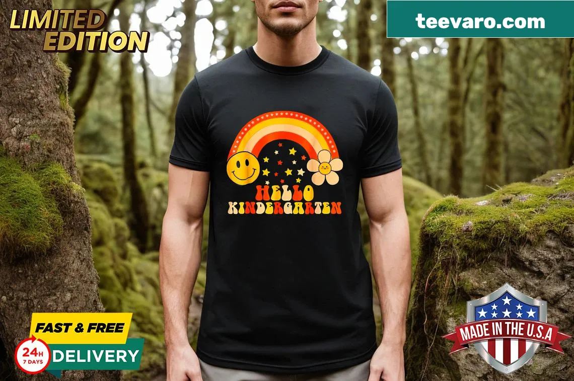 Rainbow graphic with 'Hello Kindergarten' text for teachers — on a men's t-shirt
