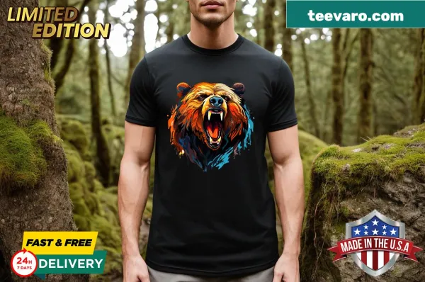 Illustrated bear portrait T-shirt showcasing a roaring bear