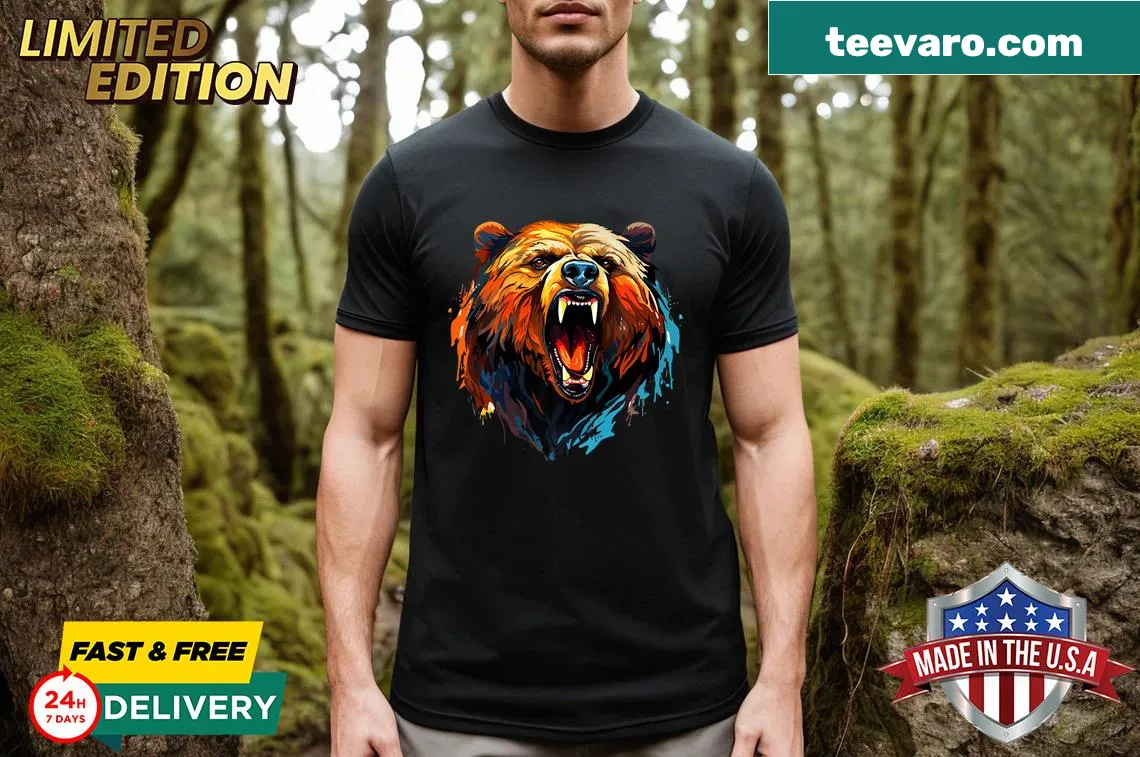 Illustrated bear portrait T-shirt showcasing a roaring bear — on a men's t-shirt