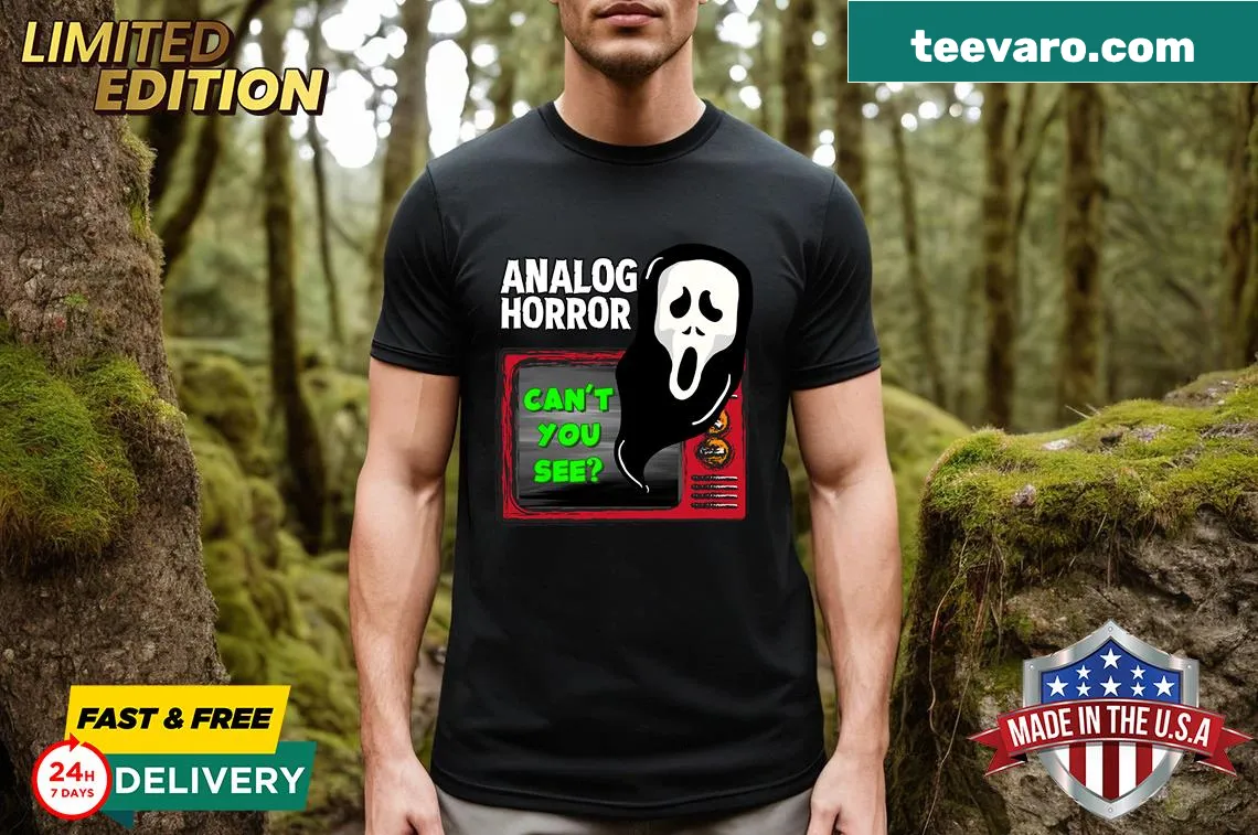 Illustrated T-shirt with analog horror imagery — on a men's t-shirt