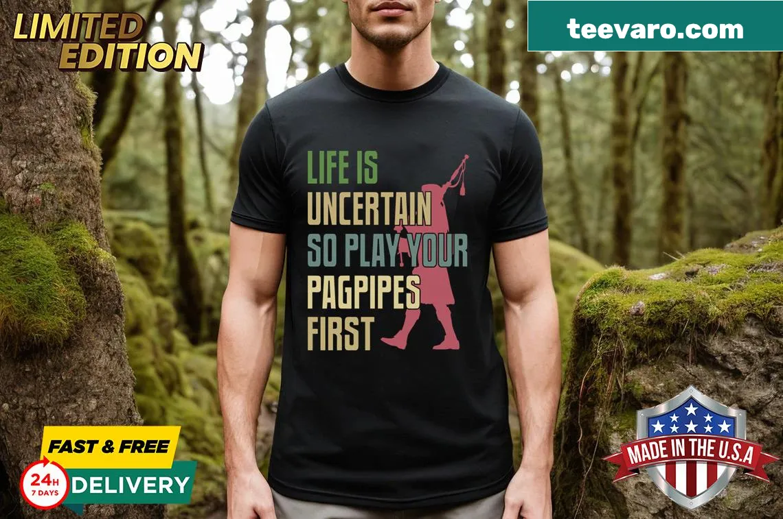 T-shirt featuring a bagpipes player graphic — on a men's t-shirt