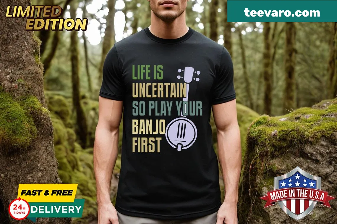 Witty text graphic about banjo playing on a t-shirt — on a men's t-shirt