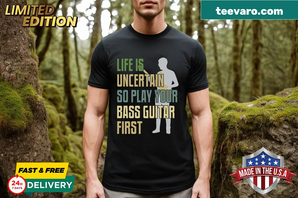 Bass player-themed T-shirt with an inspirational message. — on a men's t-shirt