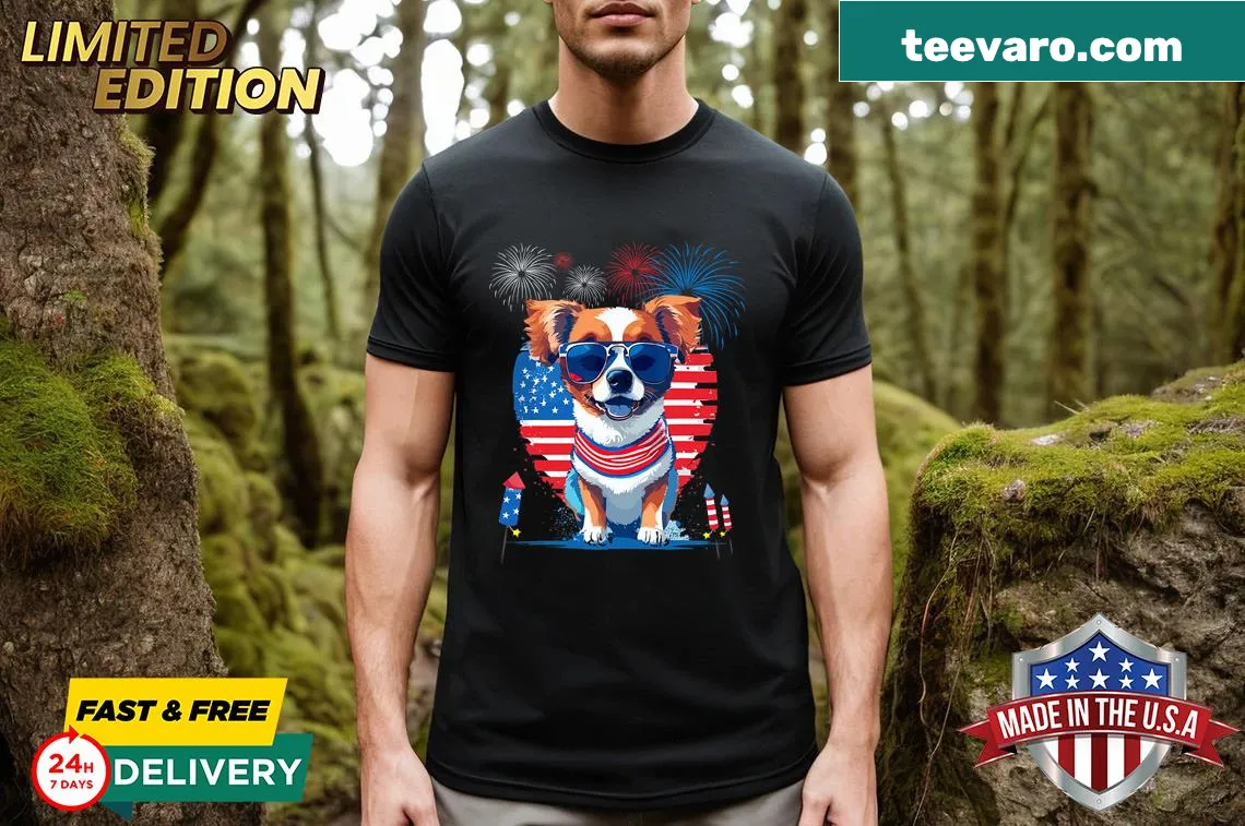 Fourth of July t-shirt featuring a cute puppy illustration — on a men's t-shirt