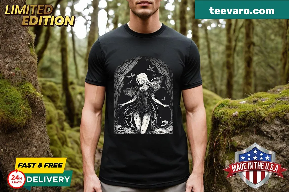 Gothic fairy graphic T-shirt with dark witch in a forest setting — on a men's t-shirt