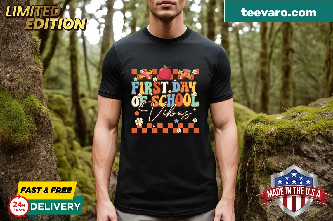 Retro design celebrating the first day of school for teachers — on a men's t-shirt