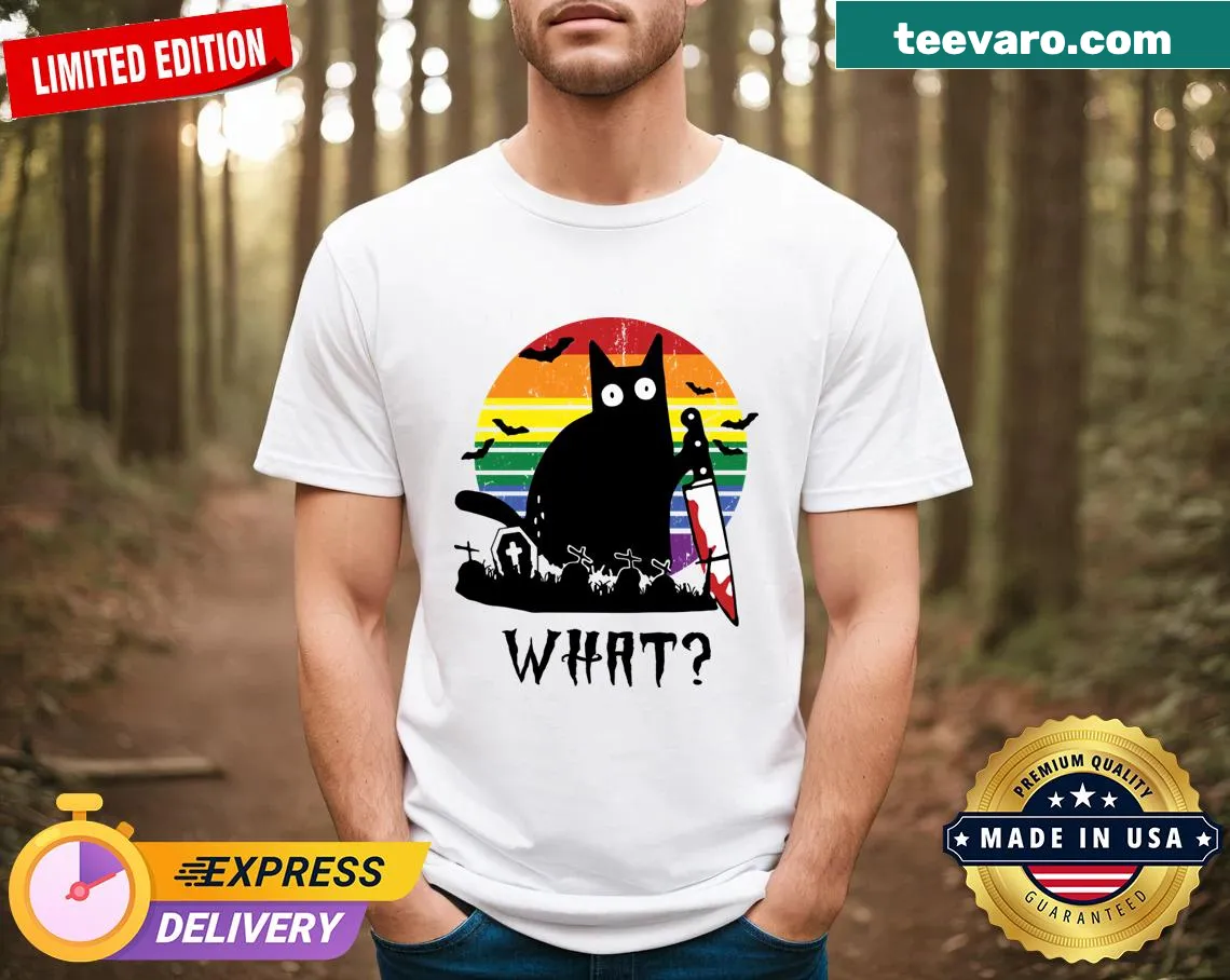 Cartoon cat T-shirt with a Halloween theme celebrating LGBT pride — on a men's t-shirt