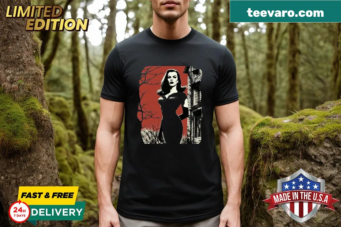 Gothic vampire and witch design on Halloween-themed shirt — on a men's t-shirt