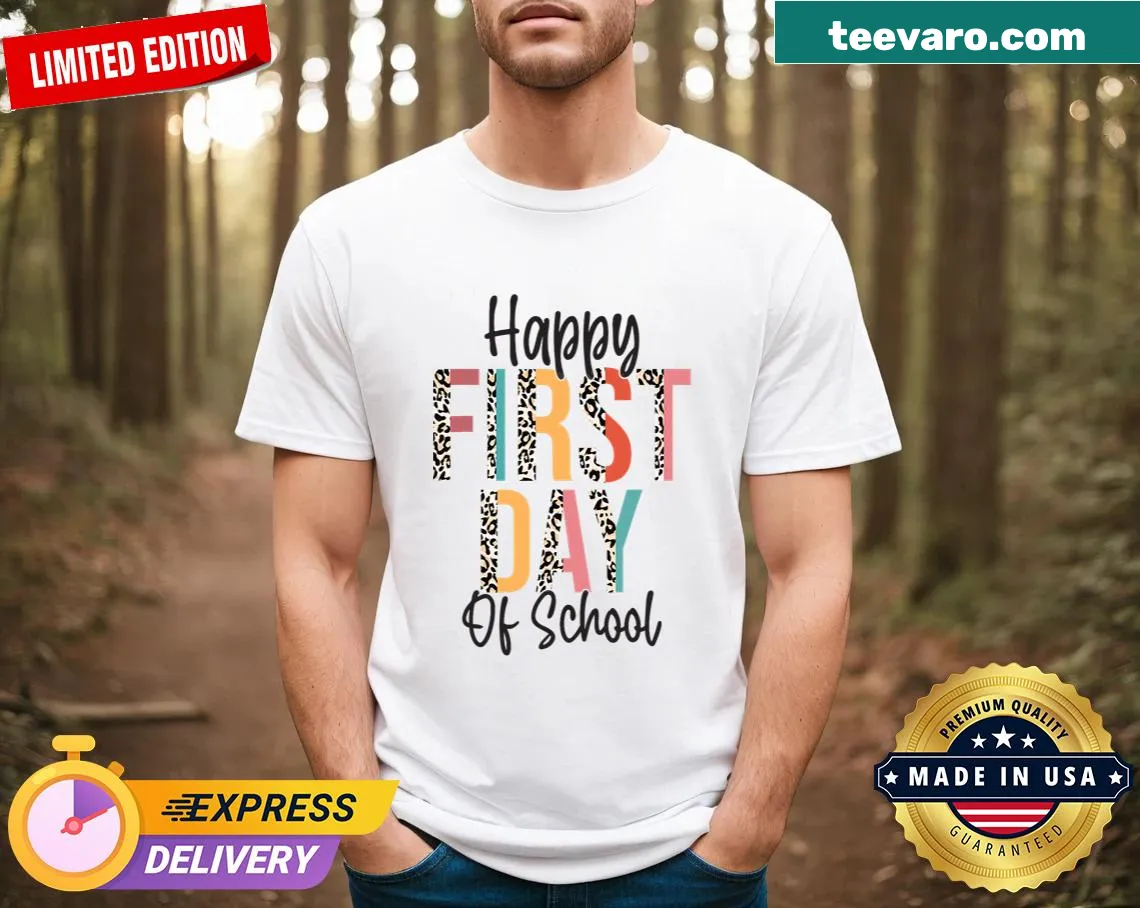 Teacher t-shirt with leopard illustration and 'Happy First Day Of School' text — on a men's t-shirt