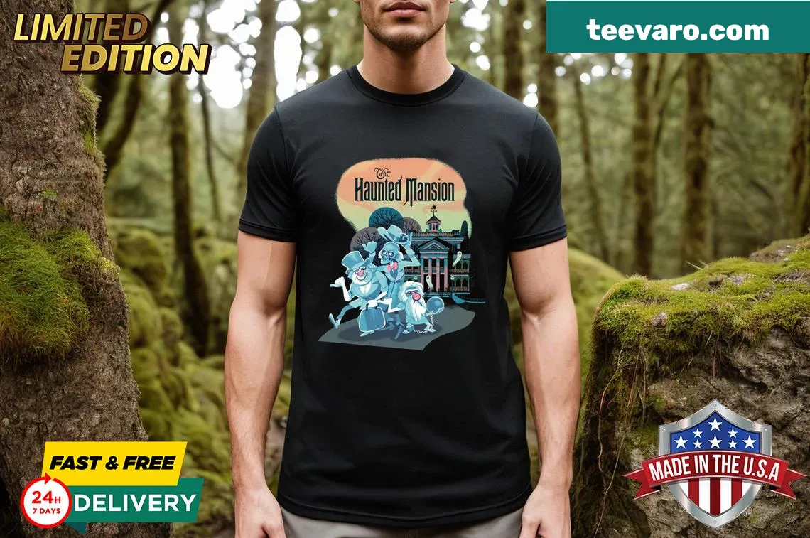 Whimsical haunted house graphic on a t-shirt — on a men's t-shirt