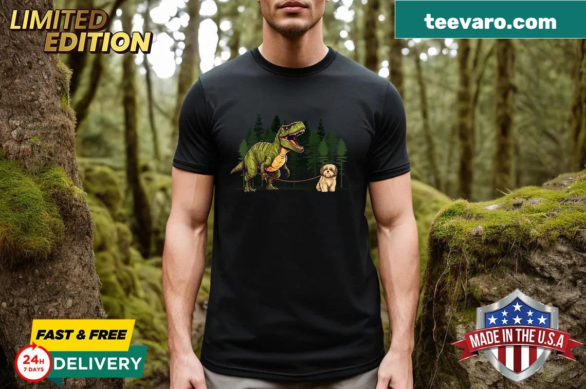 Funny cartoon T-shirt featuring Havanese dog as a T-Rex — on a men's t-shirt