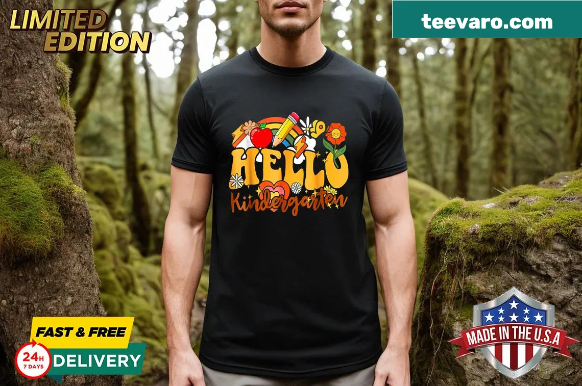 Cheerful T-shirt for kindergarten teachers with rainbow design — on a men's t-shirt