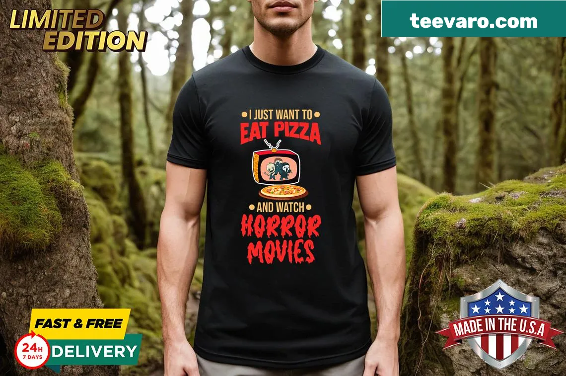 Playful Horror Movies Halloween text in a fun design — on a men's t-shirt