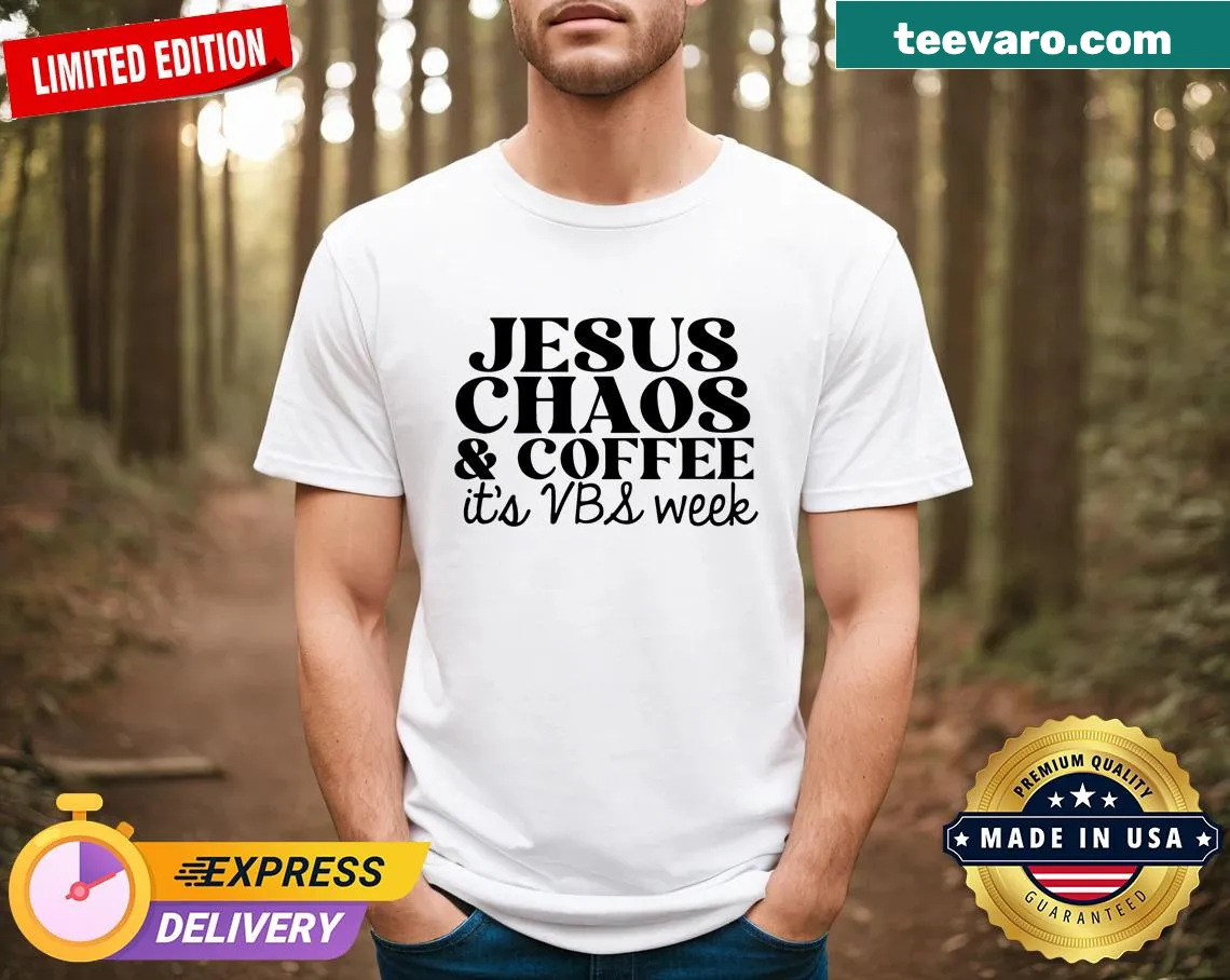 Casual T-shirt featuring 'Jesus, Chaos, and Coffee' text — on a men's t-shirt