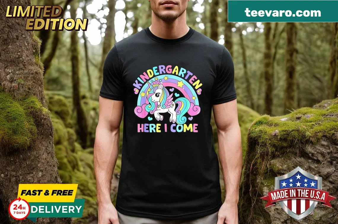 Cute unicorn t-shirt with 'Kindergarten Here I Come' text — on a men's t-shirt