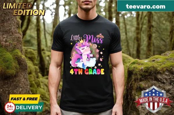 Cute unicorn graphic with text 'Little Miss 4th Grade' for girls back to school.