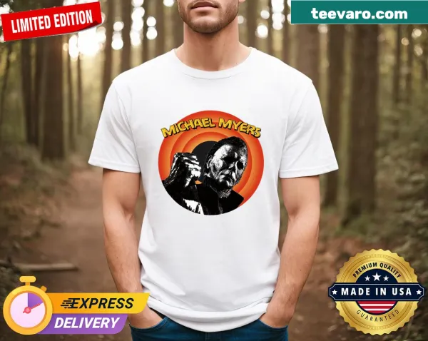 Cartoon-styled Michael Myers T-shirt with a vintage horror theme