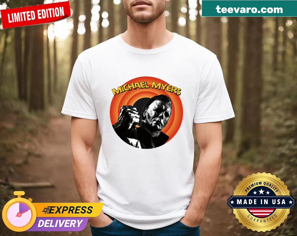 Cartoon-styled Michael Myers T-shirt with a vintage horror theme — on a men's t-shirt