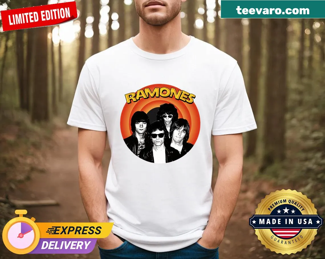 Vintage cartoon Ramones T-shirt with playful band illustrations — on a men's t-shirt