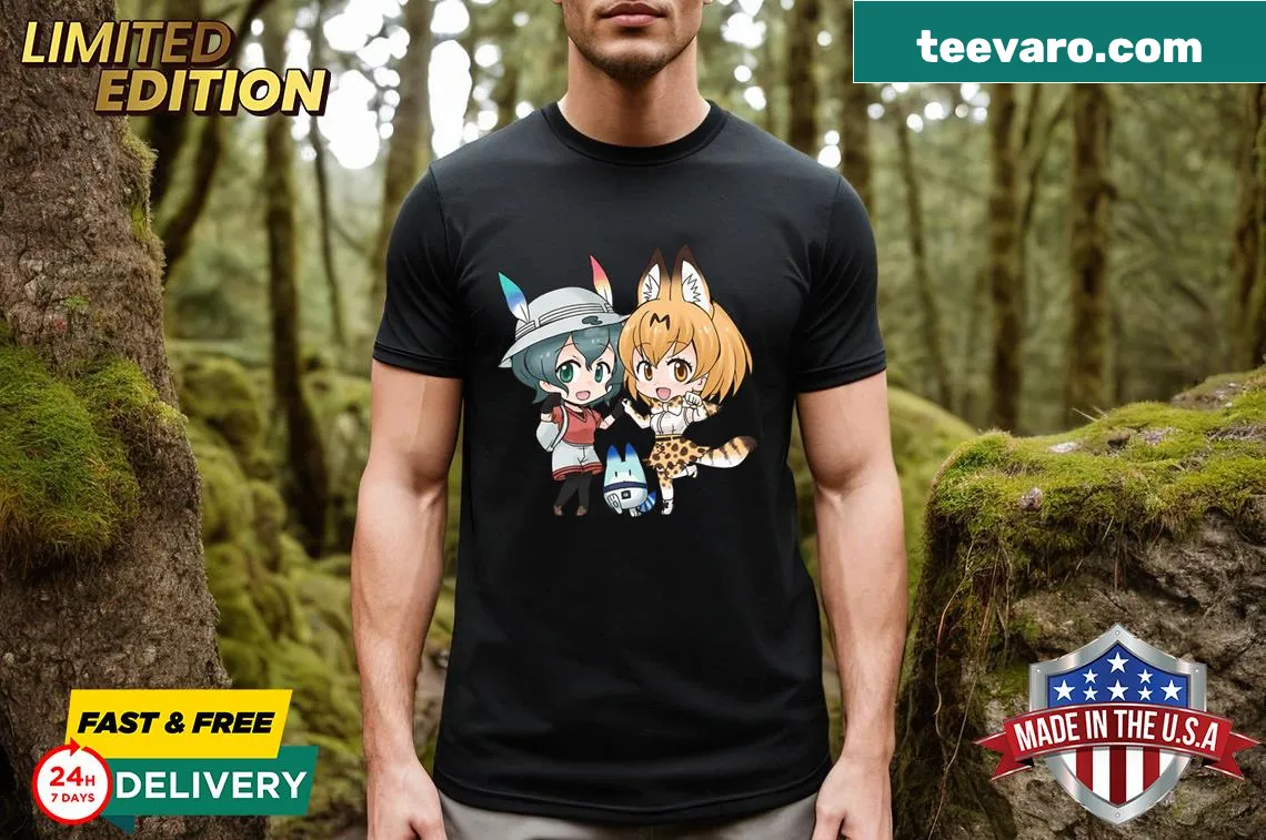 Playful T-shirt featuring a serval and kaban illustration — on a men's t-shirt