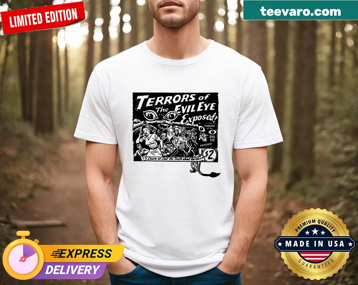 Vintage-style t-shirt featuring spooky graphics from horror shows — on a men's t-shirt