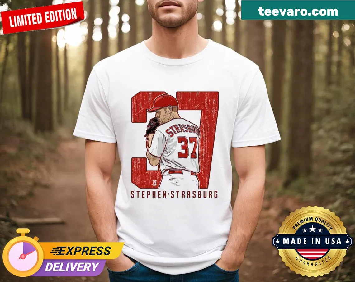 Sports T-shirt featuring bold typography for Stephen Strasburg — on a men's t-shirt