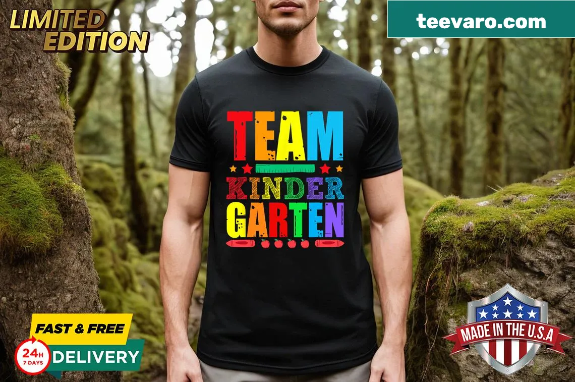 Team Kindergarten Vibes T-shirt for teachers and students. — on a men's t-shirt