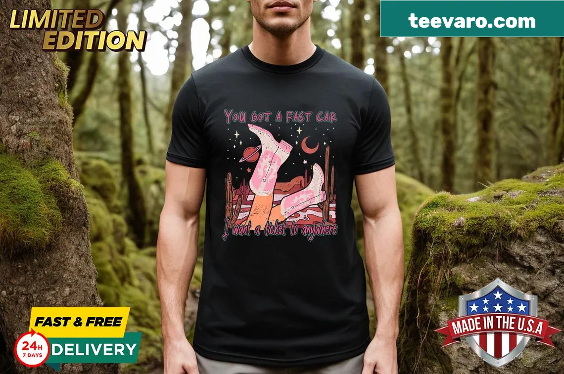 T-shirt with the phrase about a fast car and cowboy boots — on a men's t-shirt
