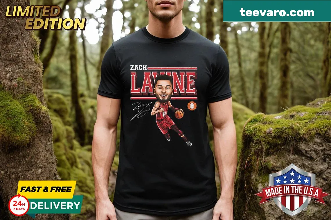 Cartoon graphic of basketball player Zach Lavine — on a men's t-shirt