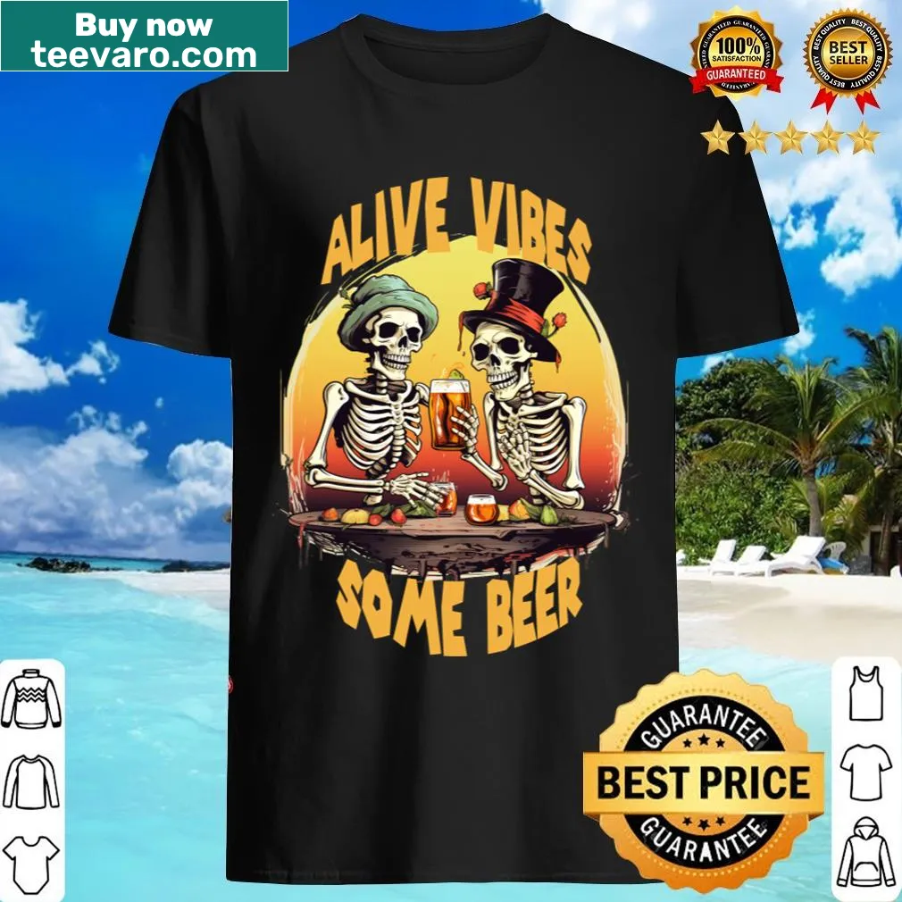 Halloween t-shirt featuring a skeleton with a beer and humorous text — on a men's t-shirt