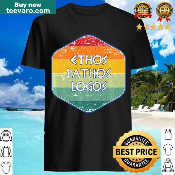 Vintage T-shirt with Greek philosophy concepts Ethos, Pathos, and Logos.