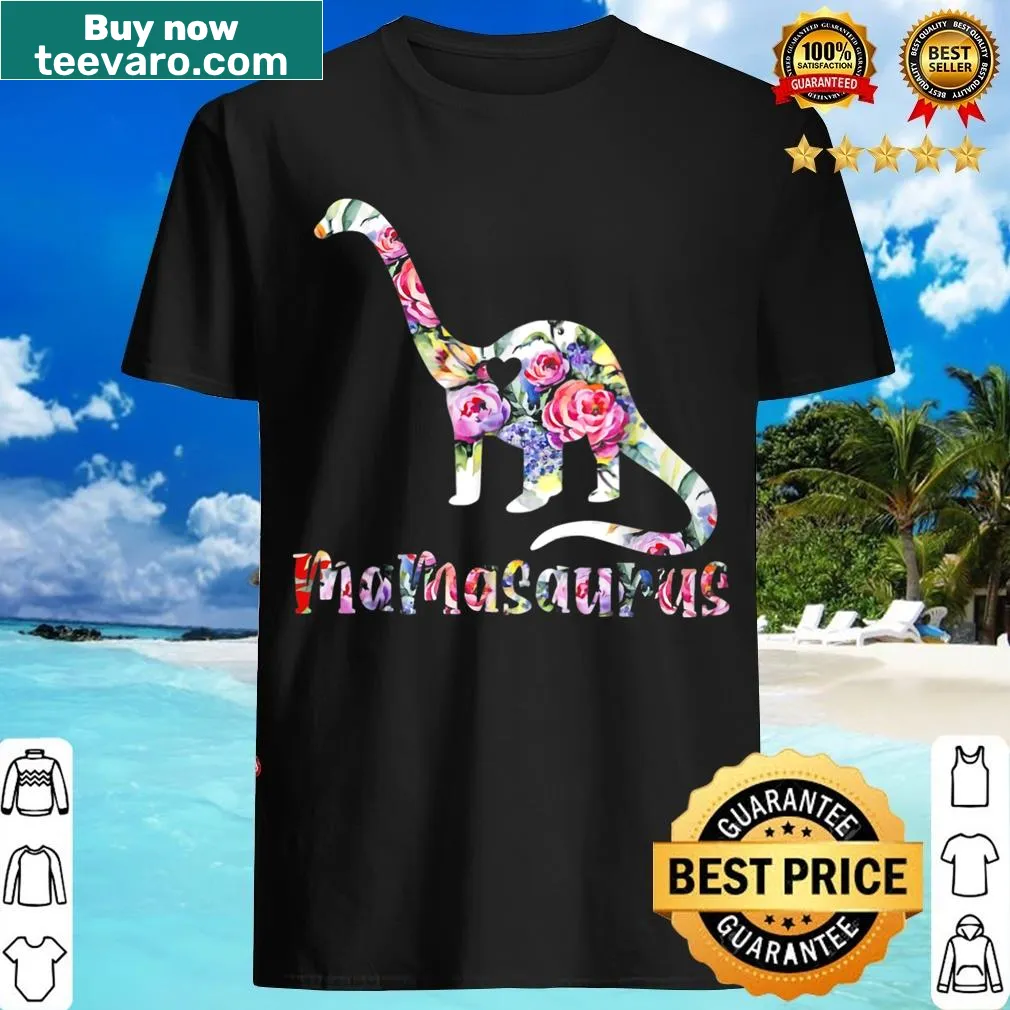 Funny T-shirt with a cartoon dinosaur and flowers for moms — on a men's t-shirt