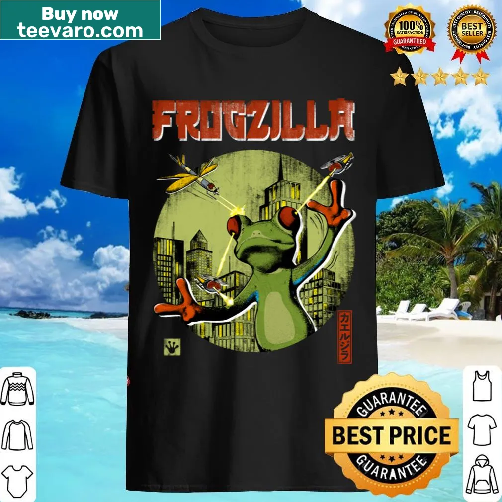 Frogzilla graphic T-shirt depicting a frog in a city, inspired by Godzilla — on a men's t-shirt