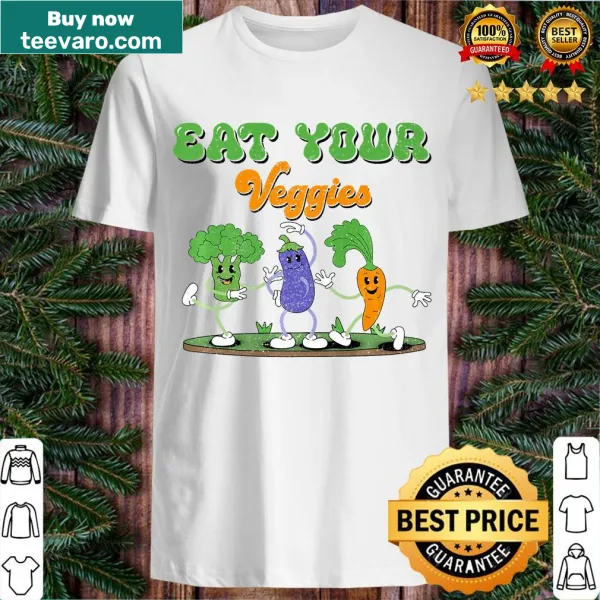 Vintage-inspired t-shirt featuring fruits and vegetables with a healthy eating message