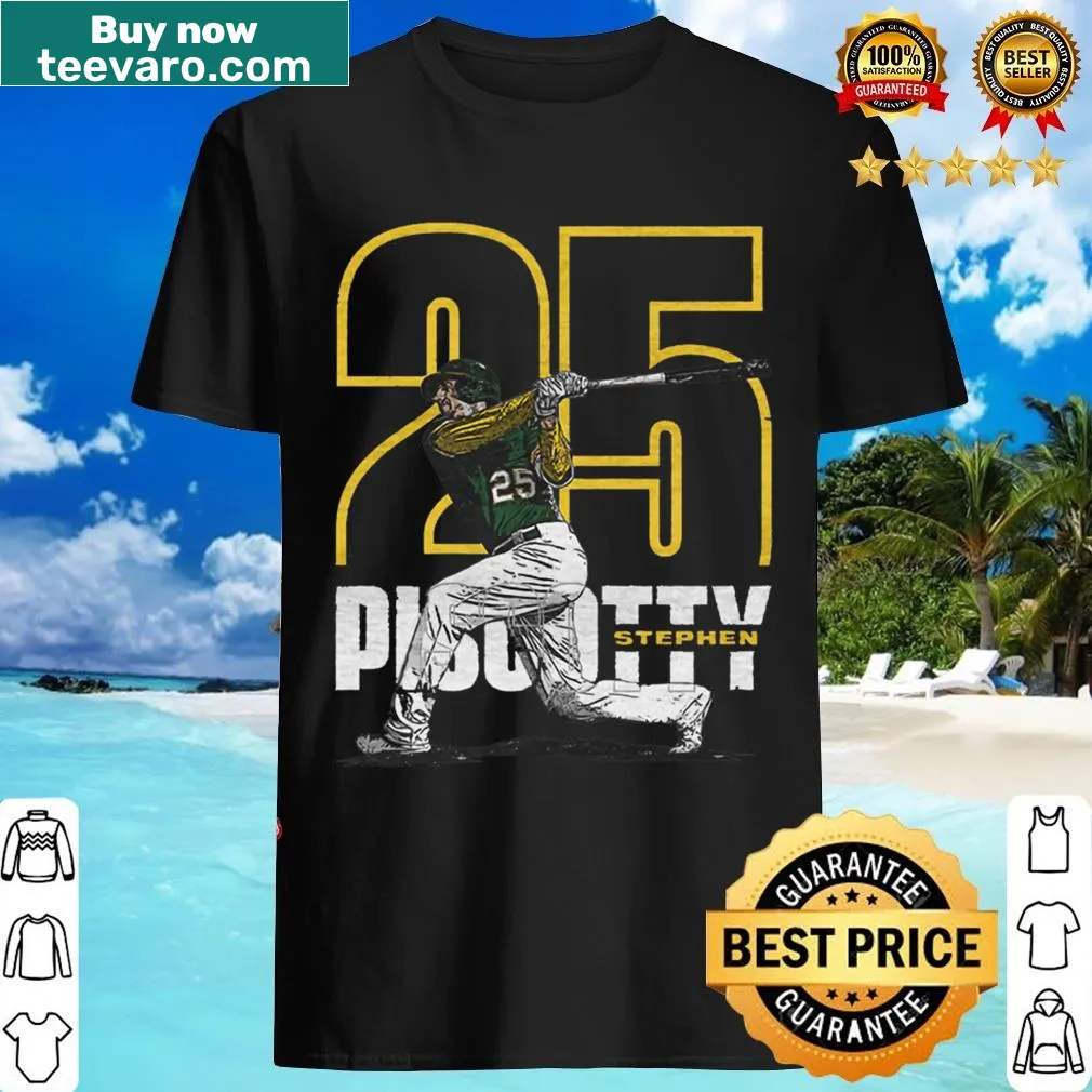 T-shirt with Oakland outline design featuring Stephen Piscotty's name — on a men's t-shirt