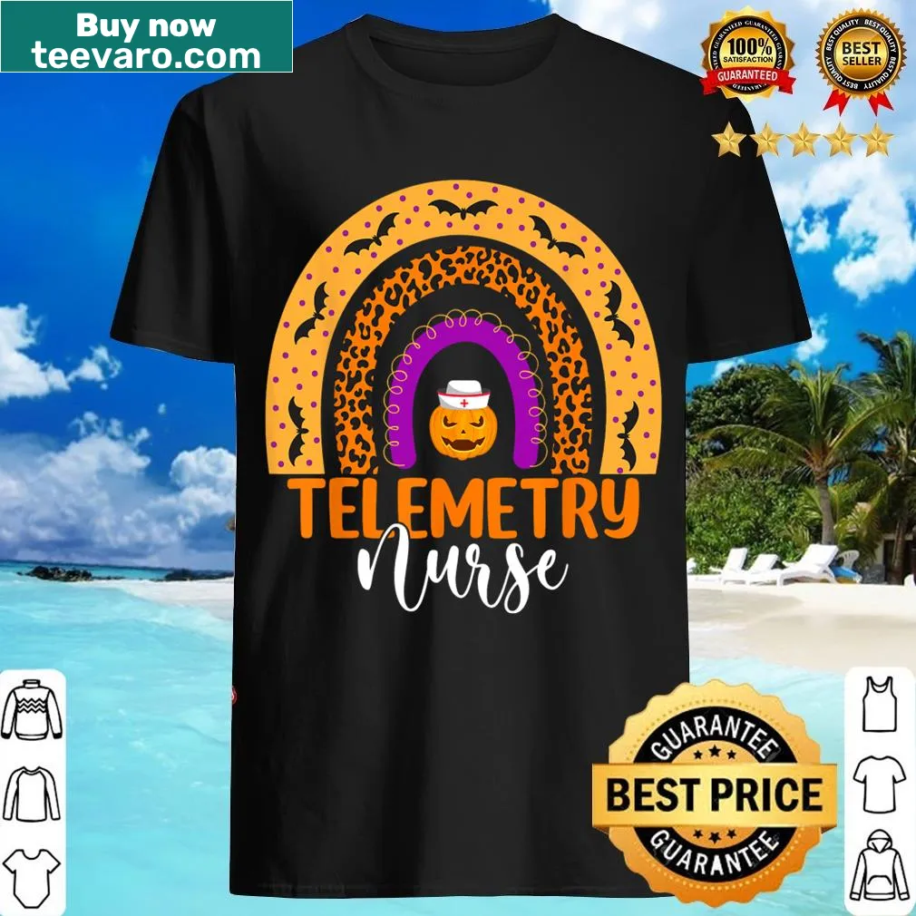 Leopard print pumpkin with rainbow accents and nursing theme for Halloween. — on a men's t-shirt