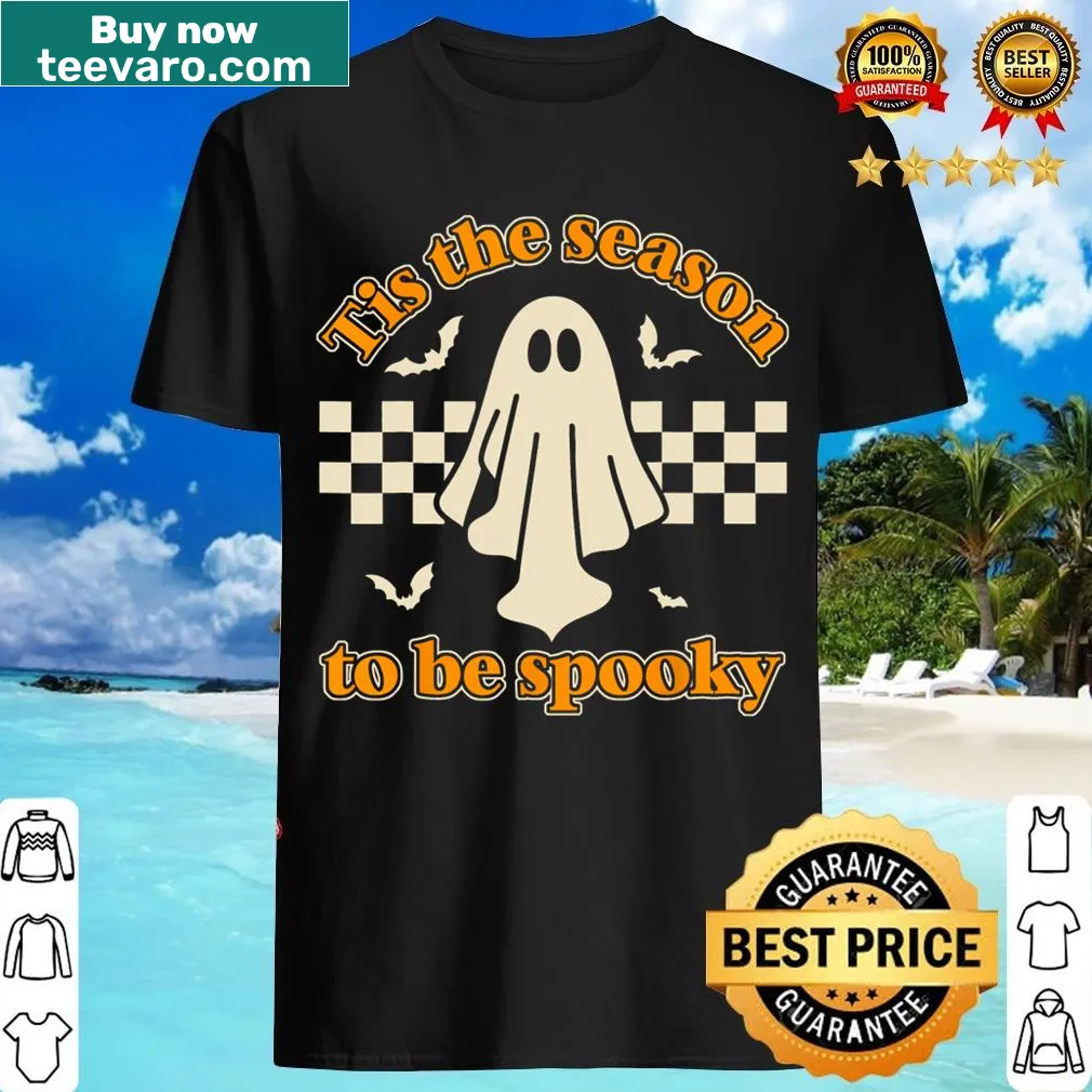 Retro Halloween t-shirt with a ghost graphic and playful text — on a men's t-shirt