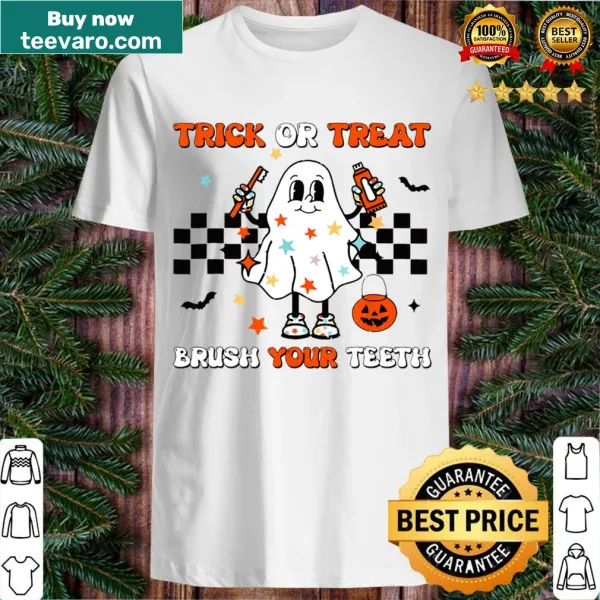 Cute Halloween dentist t-shirt with ghosts and toothbrushes promoting dental hygiene.
