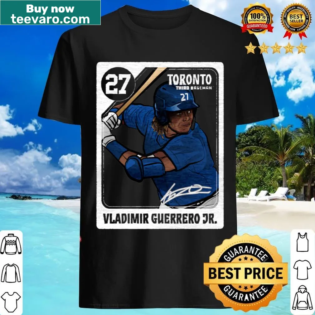 T-shirt featuring a card design dedicated to Vladimir Guerrero Jr. — on a men's t-shirt