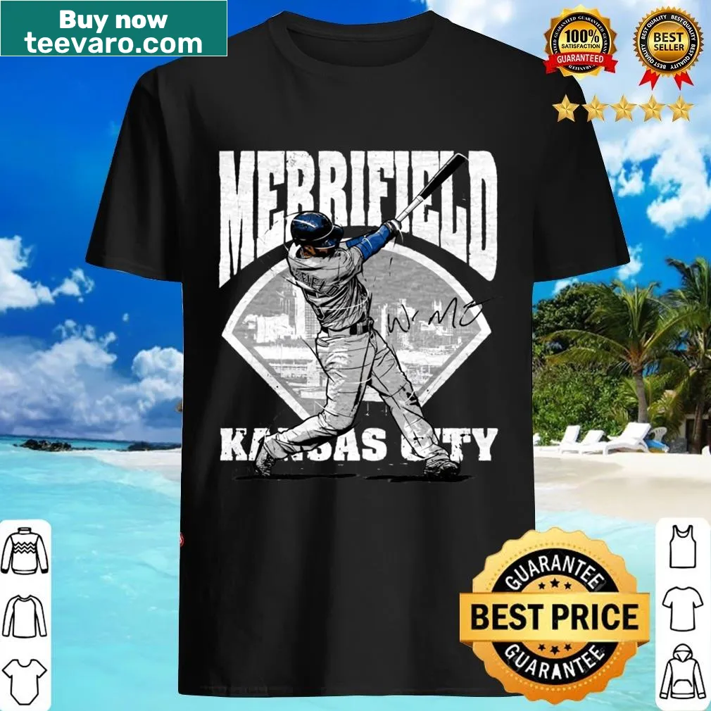 T-shirt featuring Whit Merrifield name and Kansas City field design — on a men's t-shirt