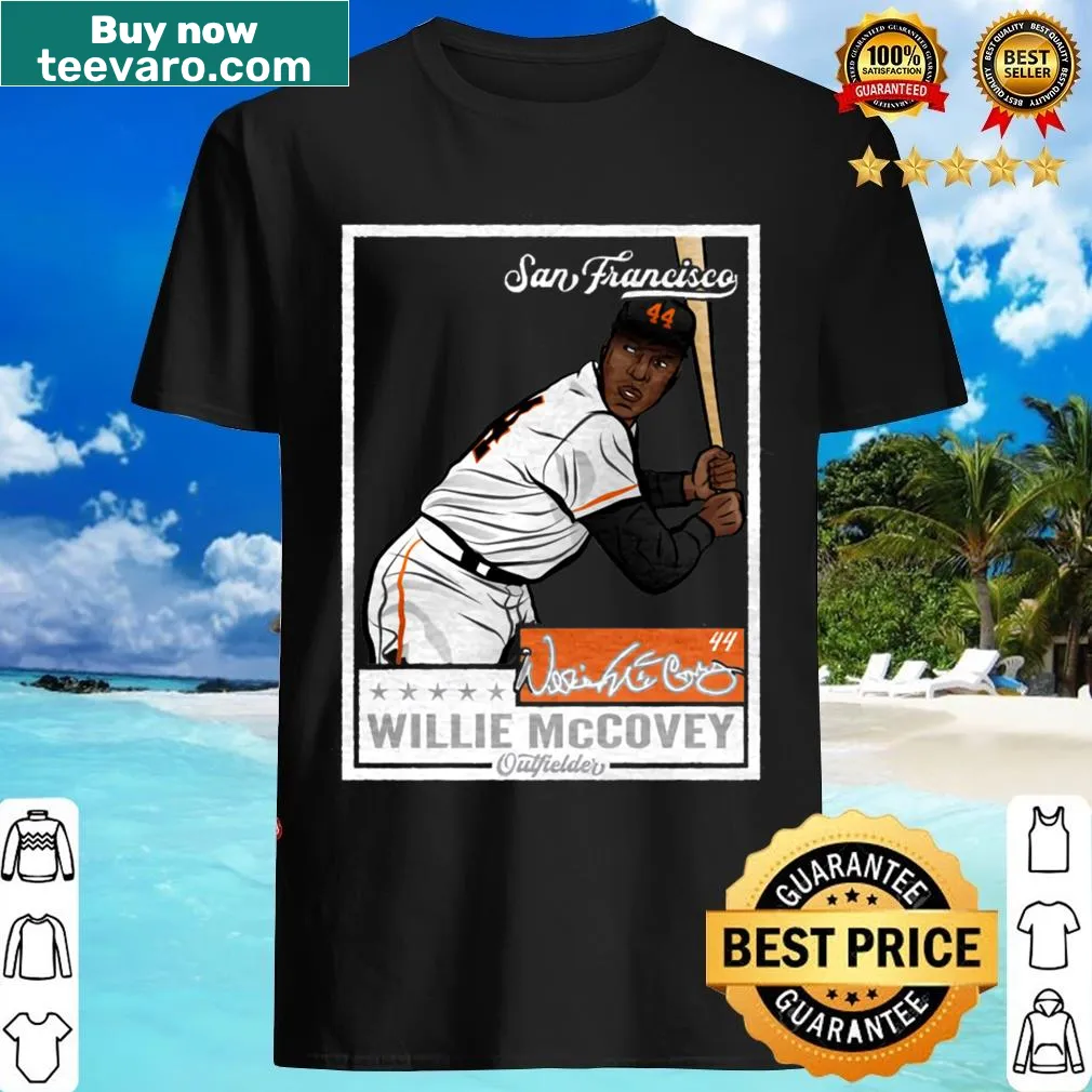 Vintage-inspired T-shirt featuring Willie McCovey throwback card — on a men's t-shirt