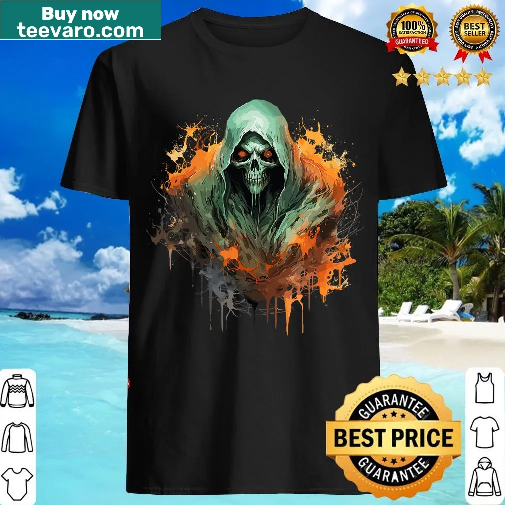 Skull in cowl graphic Halloween T-shirt for men — on a men's t-shirt